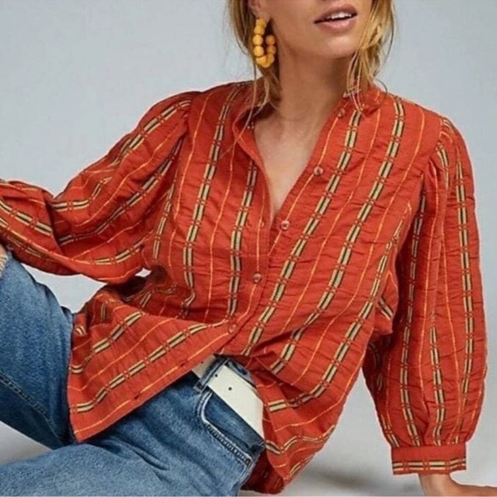Anthropologie Rust Orange Plaid Button-Front Puff Sleeve Blouse